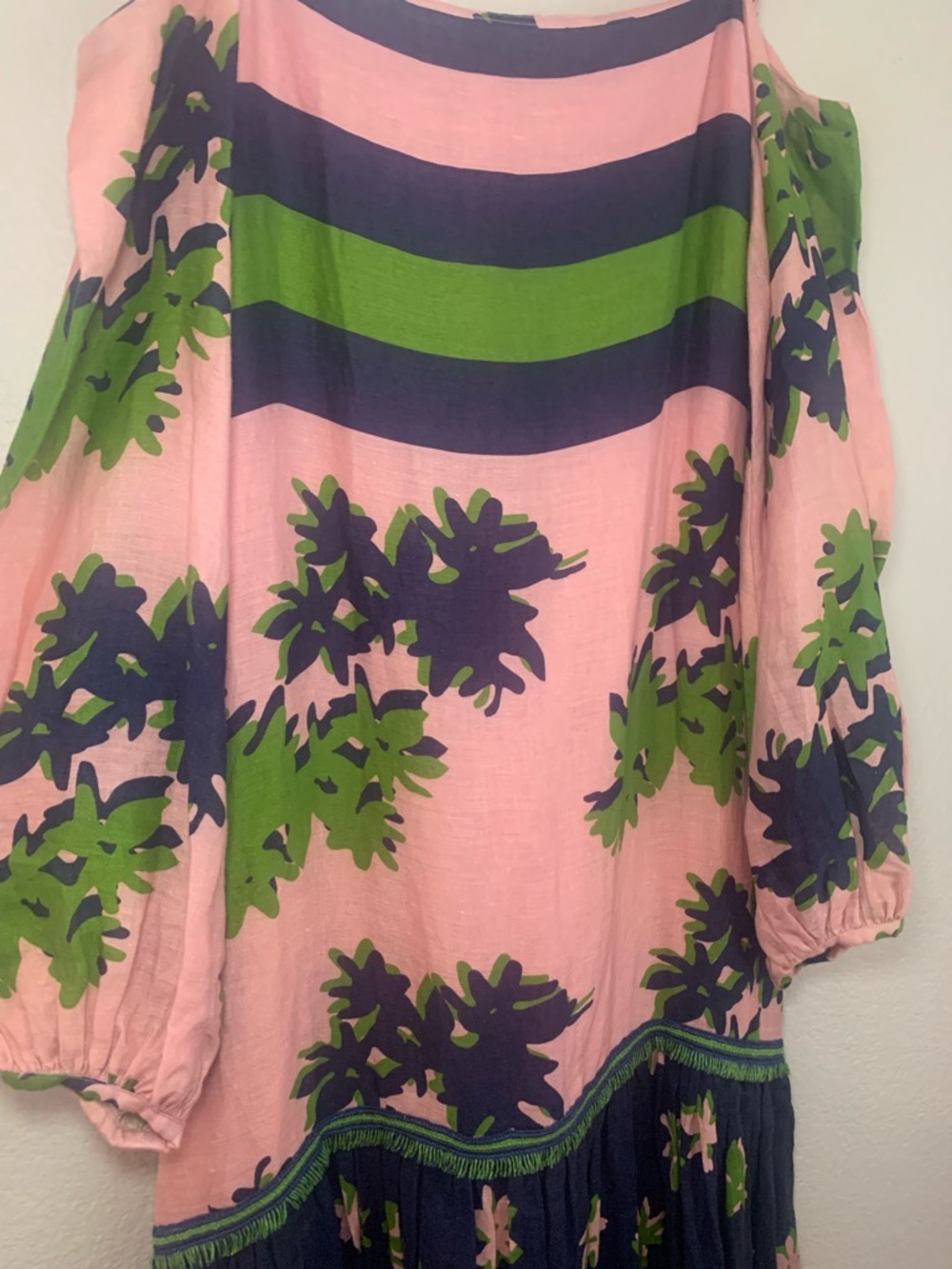 Silvia Tcherassi Oristano Off-Shoulder Linen Dress Navy Pink Blossom Floral Midi - Picture 5 of 15